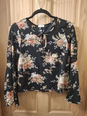 Black Floral Tie-Neck Blouse with Peach Blooms